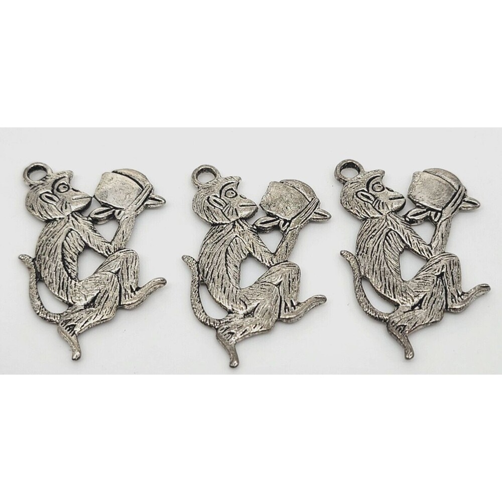 Monkey Charms Pendants Set 3 Blue Moon Beads New Silver Tone Metal